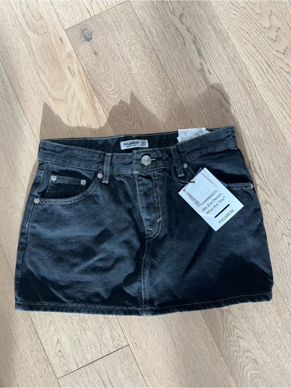 Pull&Bear Black Denim Mini Skirt with Button Front